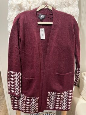 FRYE Burgundy Open-Front Cardigan with White Patterned Trim